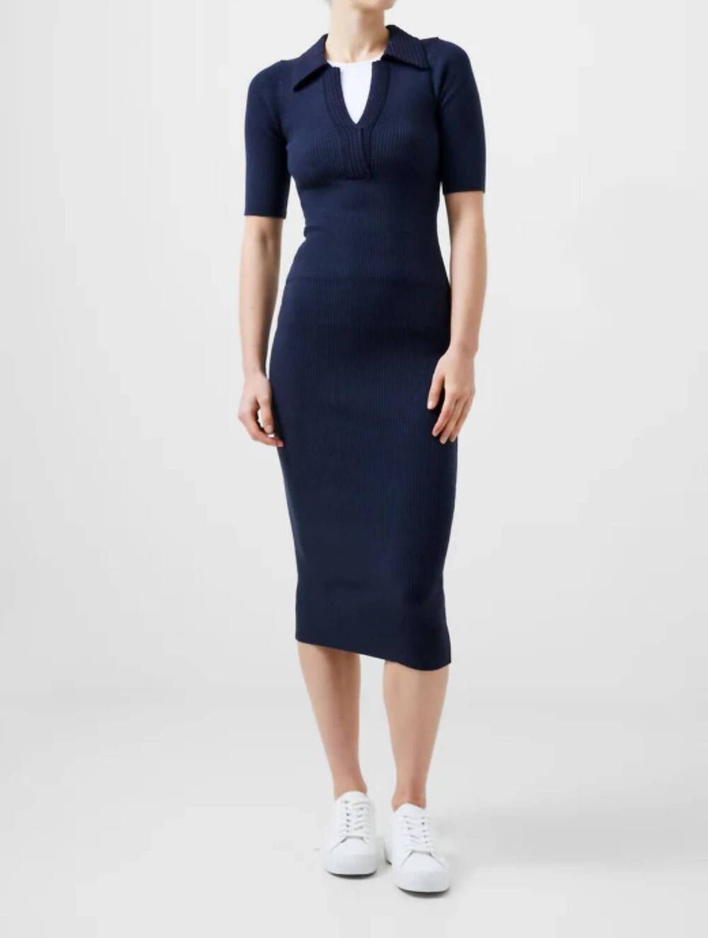 NEW FRENCH CONNECTION cosysoft v neck midi dress in marine
